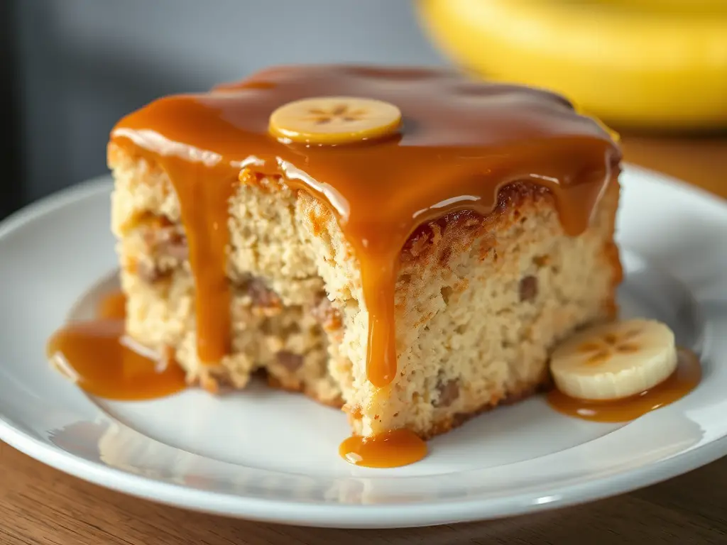 bananaa foster cake w caramel and golden brown crust