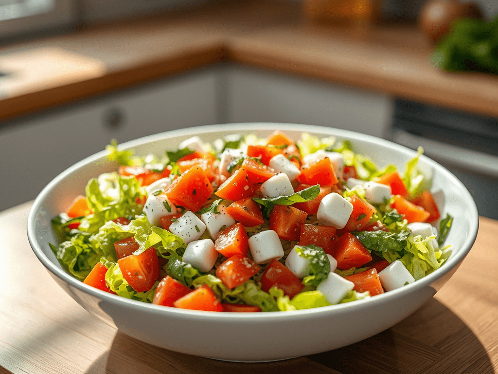 generate a bright high resolution photo of a caprese style chopped salad 1