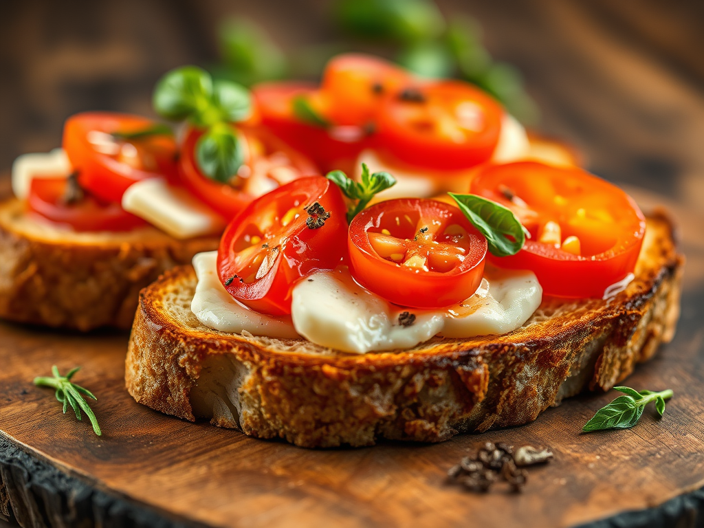 bruschetta bread topped with cheese and fine sliced tomatoes 1