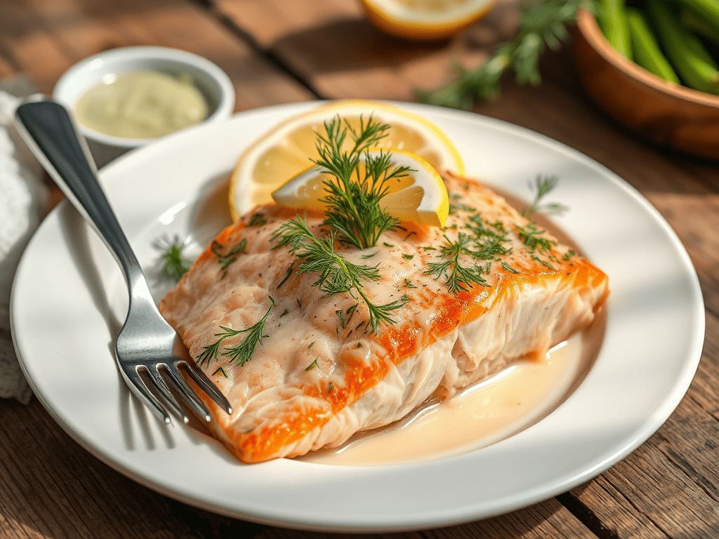 create a featured image of a beautifully plated baked salmon
