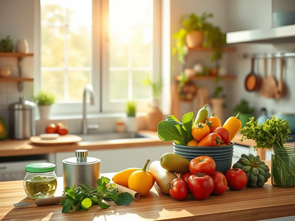 Sustainable Kitchen Essentials for 2025 BLOG 2 eco friendlykitchenoverview altoverview of a sustainable kitchen with eco gadgets and