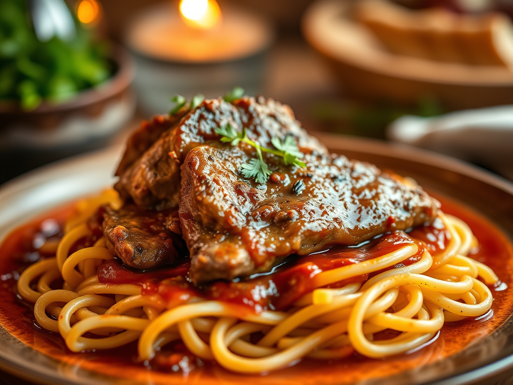 slow braise italian veal with noodles and sauce